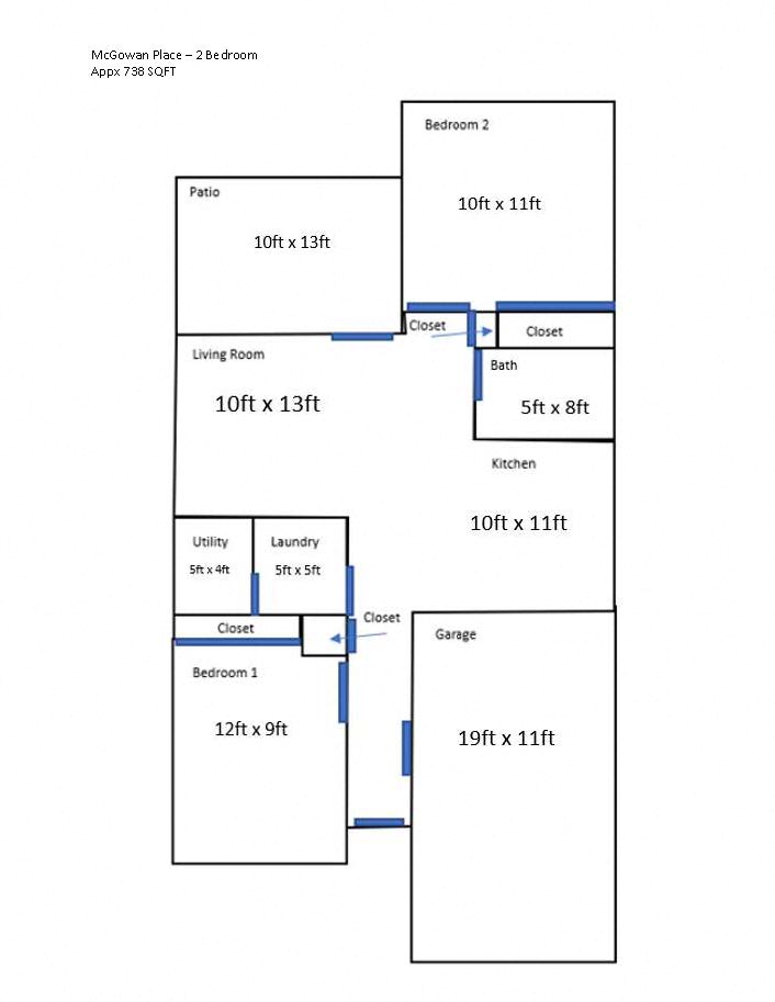 Floor plan for 2 beds, 1 bath, 820 sqft